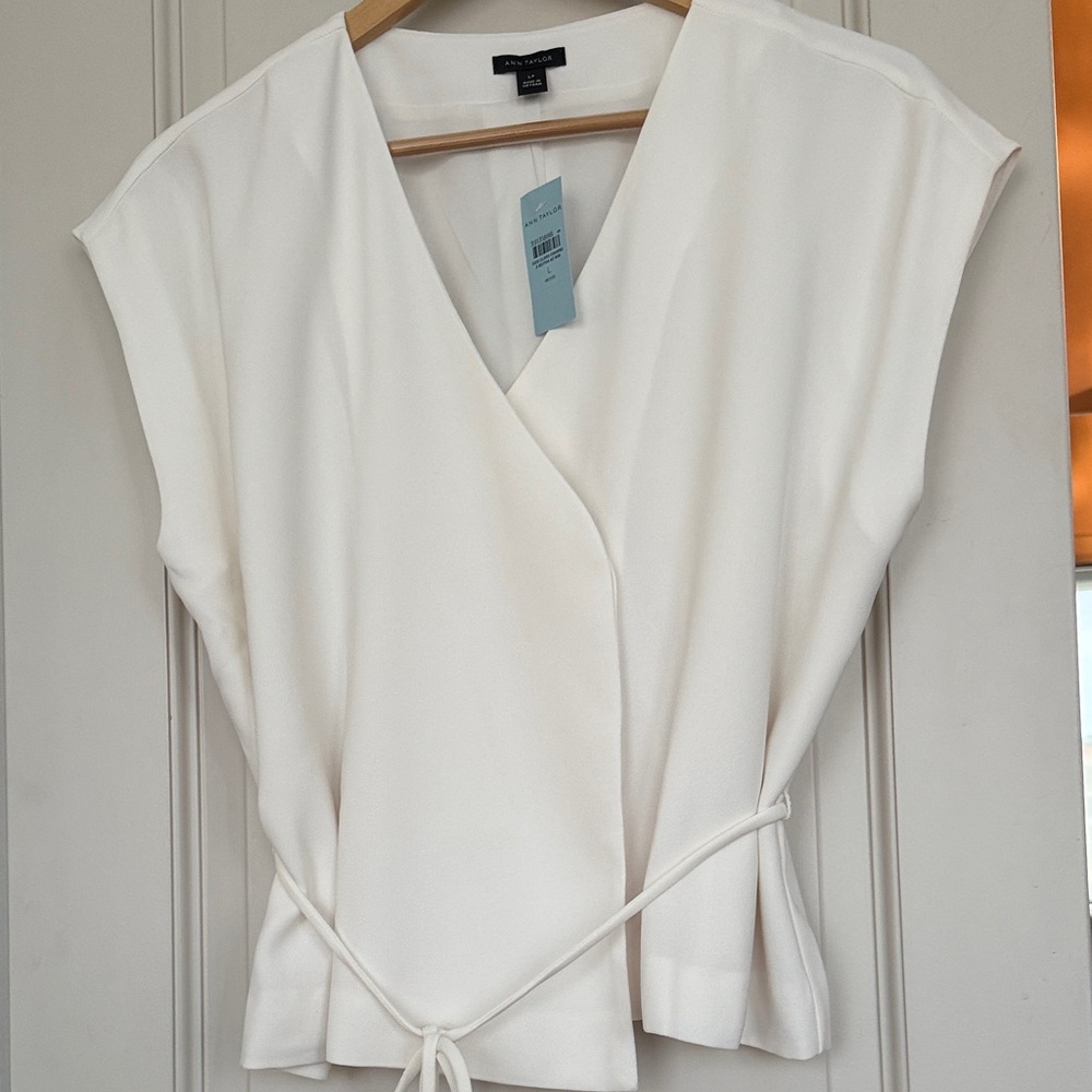Ann Taylor Cream Wrap Tie-Front Cap Sleeve Blouse